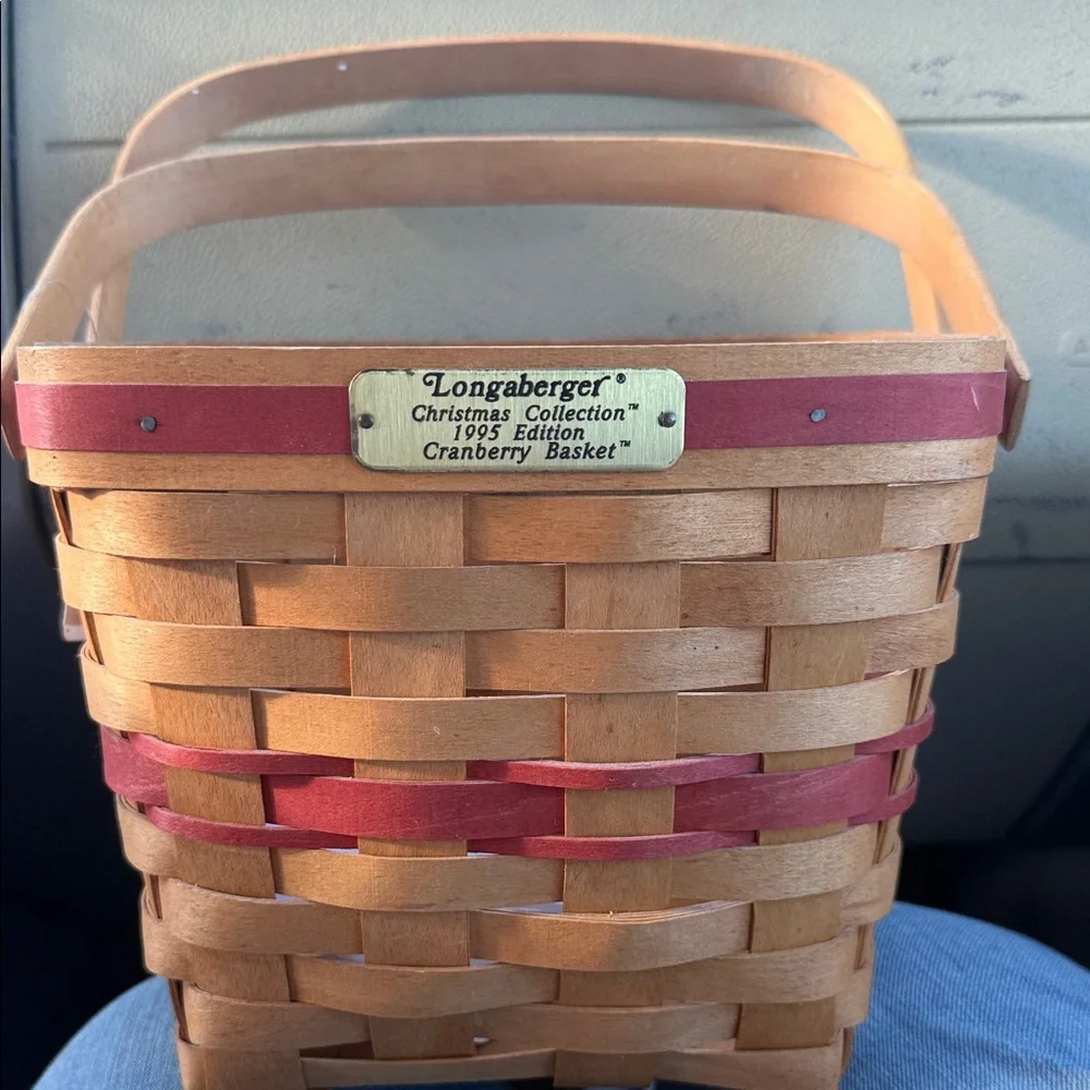 Longaberger Natural Wood Basket with Cranberry Red Bands
